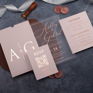 Acrylic Wedding Invitation with Rose Gold Foil and Blush Pink Envelope