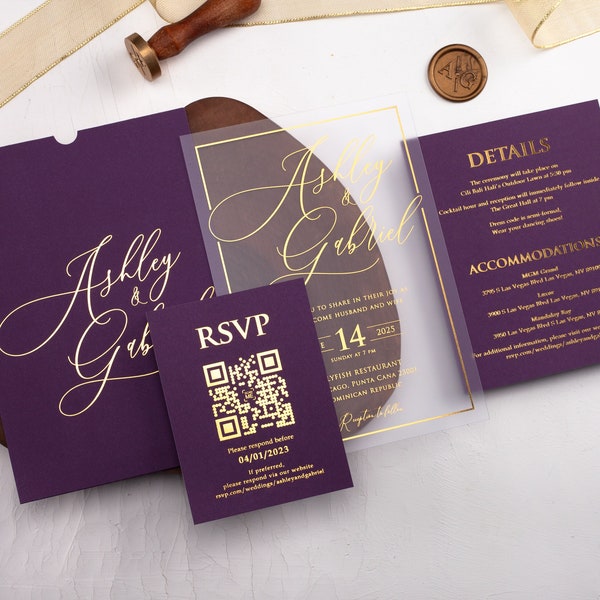 Acrylic Wedding Invitation with Purple Envelope and Gold Foil - Optionally Gold Foil Printed Rsvp Card with QR, Details Card and Menu