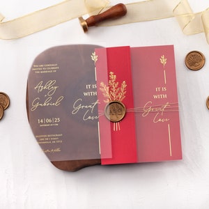 Red Acrylic Wedding Invitation with Folded Jacket and Gold Foil and Custom Wax Seal, Foil Printed Details, Rsvp Card with QR are Optional image 1