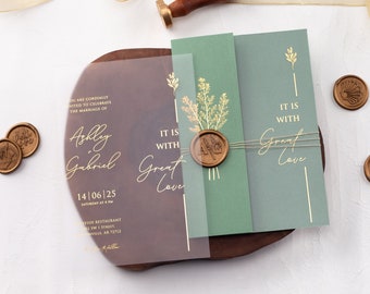 Sage Green Acrylic Wedding Invitation with Folded Jacket and Gold Foil and Custom Wax Seal, Details Card, Rsvp Card with QR are Optional