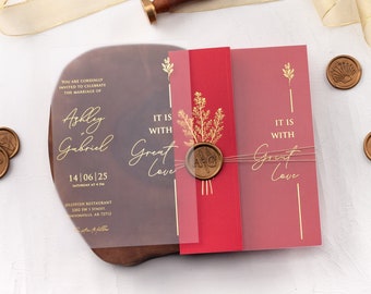 Red Acrylic Wedding Invitation with Folded Jacket and Gold Foil and Custom Wax Seal, Foil Printed Details, Rsvp Card with QR are Optional