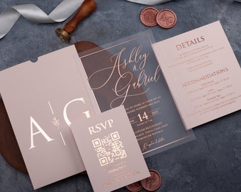 Acrylic Wedding Invitation with Rose Gold Foil and Blush Pink Envelope