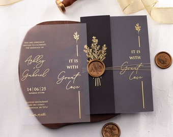 Black Wedding Invitation with Folded Jacket and Gold Foil and Custom Wax Seal - Foil Printed Details, Rsvp Card with QR are Optional