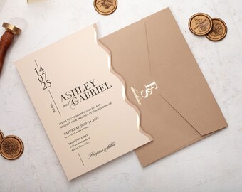 Luxury Wedding Invitation - Beige Invitation Card - Wiggly Cut Invitation with Gold Foil - Sand Beige Wavy Border Invitation Set