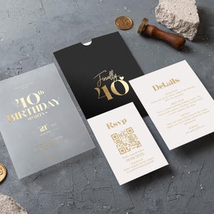 Élégant ensemble de faire-part pour 40e anniversaire - Faire-part en acrylique feuille d'or et manche noire - Faire-part personnalisé pour adulte, anniversaire marquant pour elle / lui