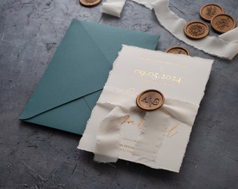 Elegant Deckled Edge Wedding Invitation with Gold Foil and Optionally (Wax Seal, Ribbon, RSVP Card with QR code, Details Card & Menu Card)