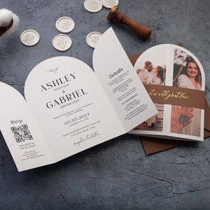 Arch Wedding Invitation with Photo, Modern Folded Gate Fold Wedding Invite, QR Code RSVP, Minimalist & Elegant Wedding Invitations