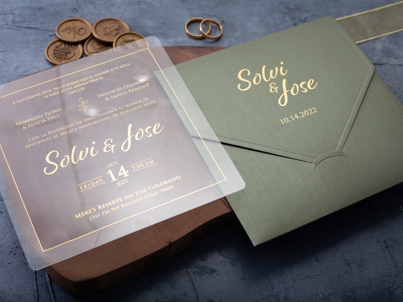 Acrylic Wedding Invitation, Sage Green and Gold Foil, Green Wedding Invites, Premium Acrylic Wedding Cards, Gold Foil Wedding Invitations image 3
