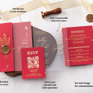 Red Acrylic Wedding Invitation with Folded Jacket and Gold Foil and Custom Wax Seal, Foil Printed Details, Rsvp Card with QR are Optional image 3