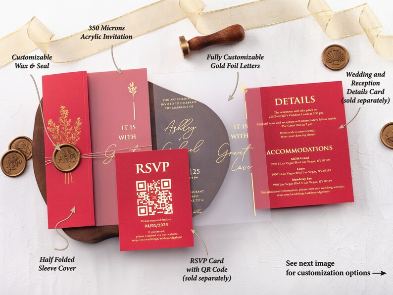 Red Acrylic Wedding Invitation with Folded Jacket and Gold Foil and Custom Wax Seal, Foil Printed Details, Rsvp Card with QR are Optional image 3