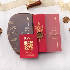 Red Acrylic Wedding Invitation with Folded Jacket and Gold Foil and Custom Wax Seal, Foil Printed Details, Rsvp Card with QR are Optional image 5