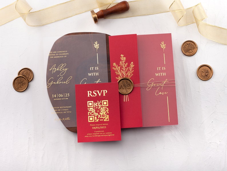 Red Acrylic Wedding Invitation with Folded Jacket and Gold Foil and Custom Wax Seal, Foil Printed Details, Rsvp Card with QR are Optional image 5