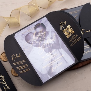 Luxury Black and Gold Acrylic Wedding Invitation | Trifold Gold Foil Invite with QR Code | Elegant Modern Wedding Stationery