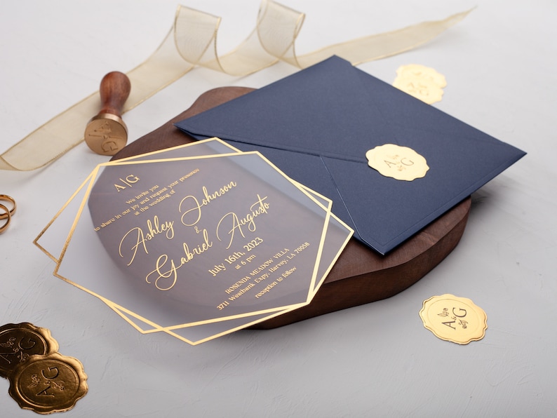 Acrylic Wedding Invitation, Navy Blue and Gold Wedding Invites, Gold Foil Printed Acrylic Invite, Gold Foil Navy Blue Wedding Invitations image 5