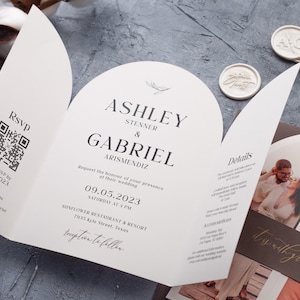 Arch Wedding Invitation with Photo, Modern Folded Gate Fold Wedding Invite, QR Code RSVP, Minimalist & Elegant Wedding Invitations