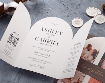 Arch Wedding Invitation with Photo, Modern Folded Wedding Invitation and Inserts, Wedding Invite with QR Code Rsvp and Details, Gate Fold