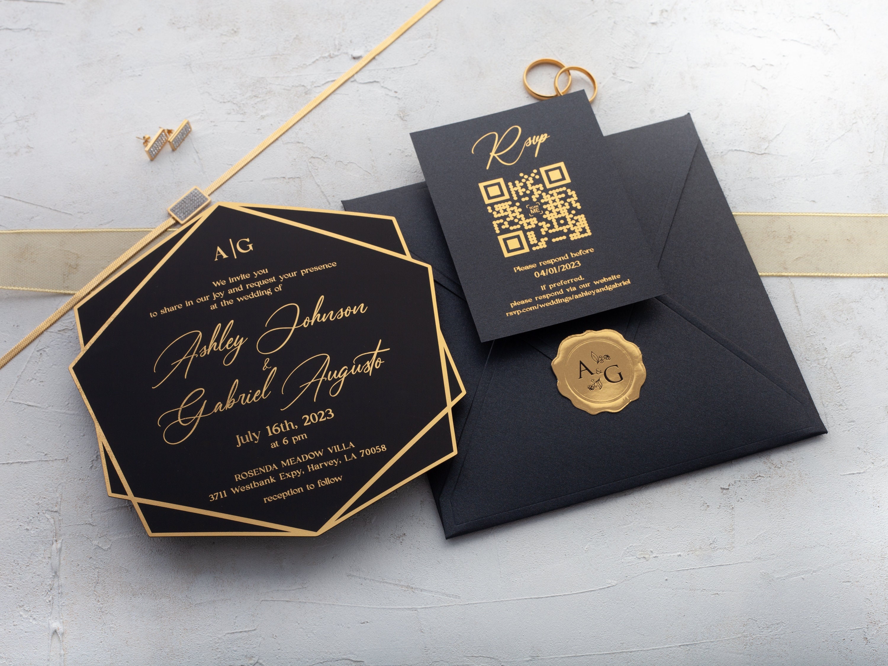 Wedding Invitation Black and Gold Foil Acrylic Invite Black Etsy