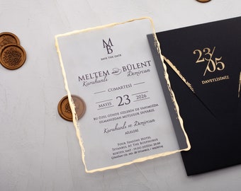 Black and Gold Acrylic Wedding Invitation, Deckled Egde Wedding Invite, Black Reception Invitation, Unique and Luxury Transparent Invitation