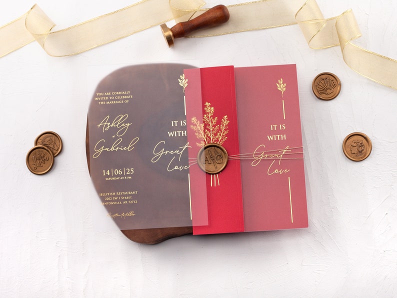 Red Acrylic Wedding Invitation with Folded Jacket and Gold Foil and Custom Wax Seal, Foil Printed Details, Rsvp Card with QR are Optional image 1