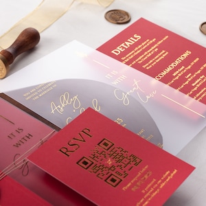 Red Acrylic Wedding Invitation with Folded Jacket and Gold Foil and Custom Wax Seal, Foil Printed Details, Rsvp Card with QR are Optional image 4