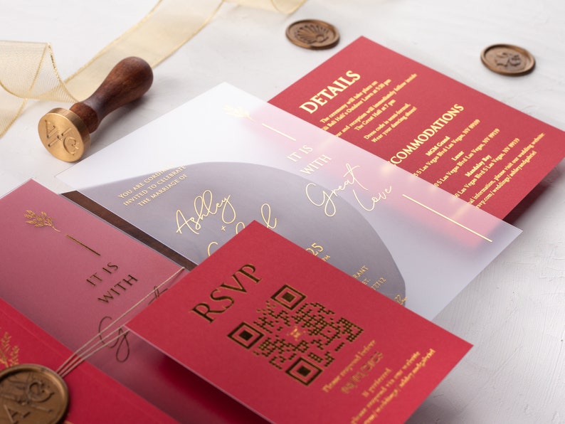 Red Acrylic Wedding Invitation with Folded Jacket and Gold Foil and Custom Wax Seal, Foil Printed Details, Rsvp Card with QR are Optional image 4