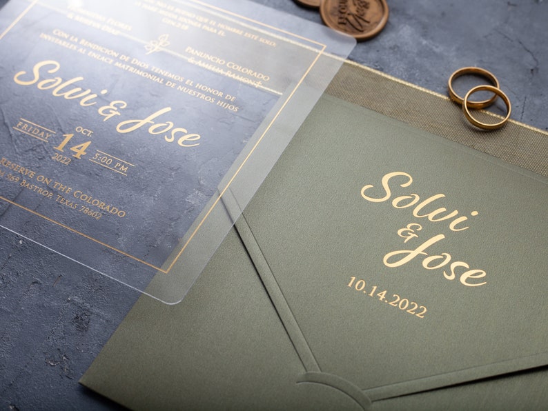 Acrylic Wedding Invitation, Sage Green and Gold Foil, Green Wedding Invites, Premium Acrylic Wedding Cards, Gold Foil Wedding Invitations image 2