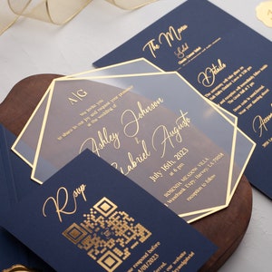 Acrylic Wedding Invitation, Navy Blue and Gold Wedding Invites, Gold Foil Printed Acrylic Invite, Gold Foil Navy Blue Wedding Invitations image 1