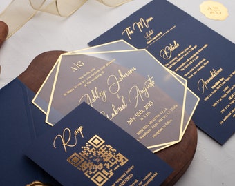 Acrylic Wedding Invitation, Navy Blue and Gold Wedding Invites, Gold Foil Printed Acrylic Invite, Gold Foil Navy Blue Wedding Invitations