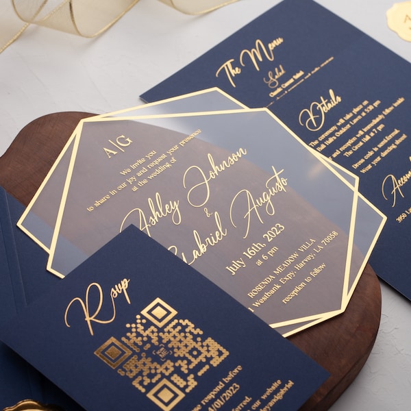 Acrylic Wedding Invitation, Navy Blue and Gold Wedding Invites, Gold Foil Printed Acrylic Invite, Gold Foil Navy Blue Wedding Invitations