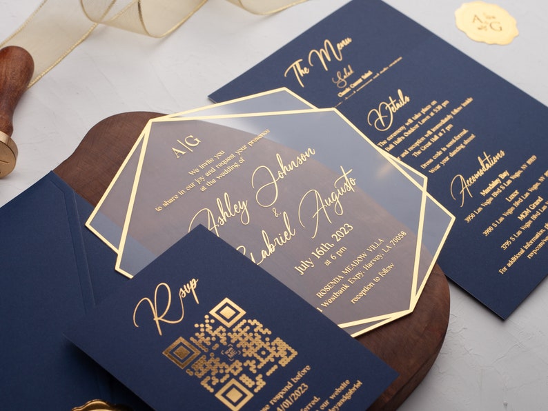 Acrylic Wedding Invitation, Navy Blue and Gold Wedding Invites, Gold Foil Printed Acrylic Invite, Gold Foil Navy Blue Wedding Invitations image 1