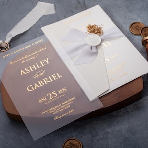 Acrylic Wedding Invitation, White and Gold Wedding Invite, Luxury Invitation with Ribbon, Wax Seal and Dried Flowers, Personalized Invite