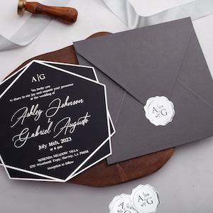 Acrylic Wedding Invitation with Gray Envelope and Monogram Sticker - Optionally Silver Foil Printed Rsvp Card with QR, Details Card and Menu