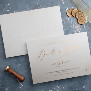 Ivory Wedding Invitation with Gold Foil, Champagne Wedding Invites, Premium Embossed Cards, Thick Elegant Wedding Invitations