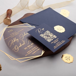 Acrylic Wedding Invitation, Navy Blue and Gold Wedding Invites, Gold Foil Printed Acrylic Invite, Gold Foil Navy Blue Wedding Invitations image 6