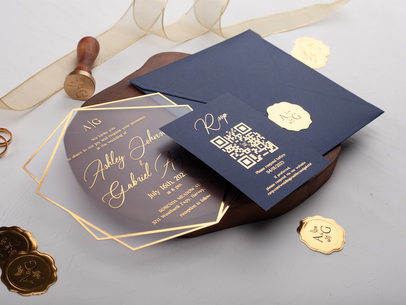 Acrylic Wedding Invitation, Navy Blue and Gold Wedding Invites, Gold Foil Printed Acrylic Invite, Gold Foil Navy Blue Wedding Invitations image 6