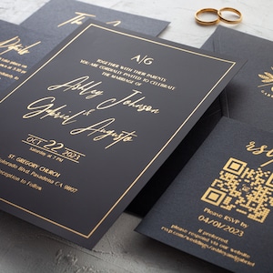 Black Wedding Invitation, Black and Gold Invitation Set, Black Acrylic Wedding Invites, Acrylic Wedding Card, Black Invite with Gold Foil