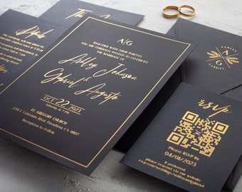 Black Wedding Invitation, Black and Gold Invitation Set, Black Acrylic Wedding Invites, Acrylic Wedding Card, Black Invite with Gold Foil