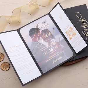 Suite de faire-part de mariage en or noir | Carte de mariage pliée glamour avec RSVP en option | Ensemble de papeterie de mariage moderne et élégant