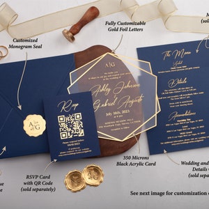 Acrylic Wedding Invitation, Navy Blue and Gold Wedding Invites, Gold Foil Printed Acrylic Invite, Gold Foil Navy Blue Wedding Invitations image 3