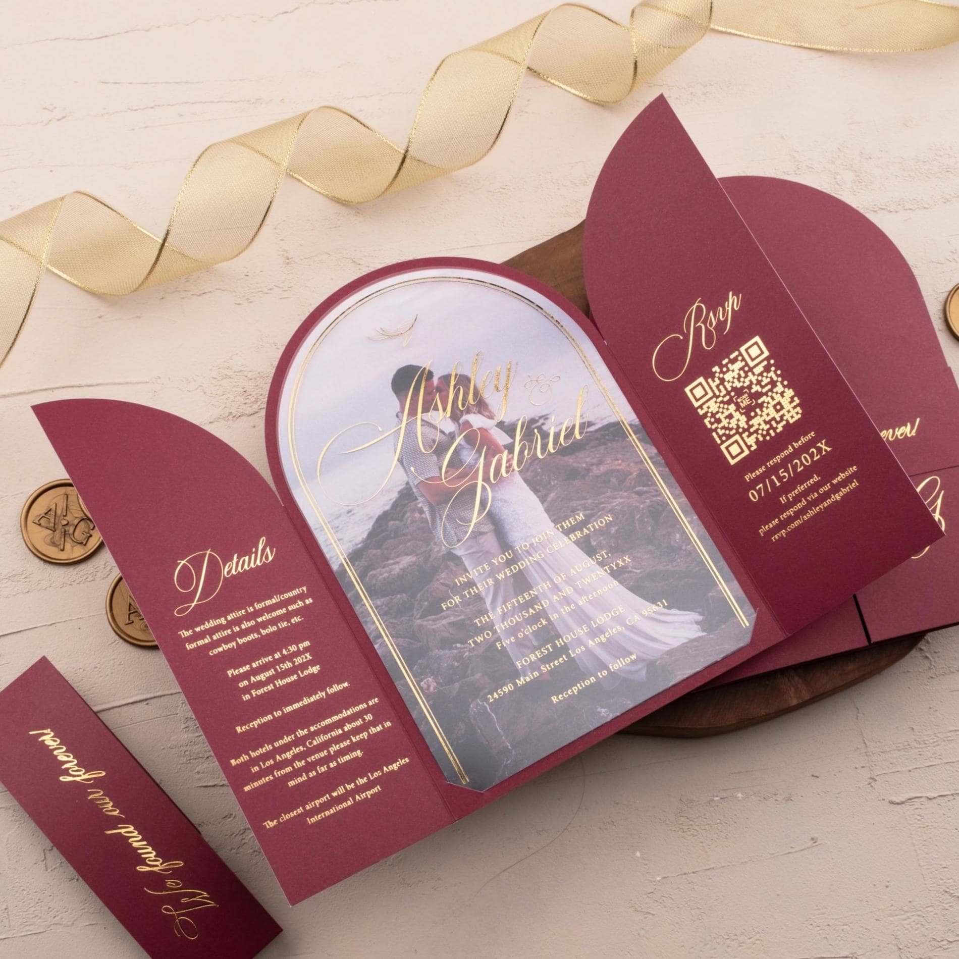 Burgundy and Gold Wedding Invitation | Acrylic Trifold Wedding