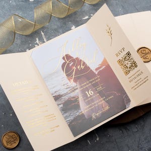 Luxury Ivory and Gold Trifold Wedding Invitation – Acrylic Invite with Gold Foil, Custom Modern Wedding Suite