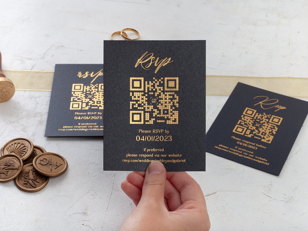Rsvp Card With QR Code, Gold, Rose Gold or Silver Foil Printed, Rsvp