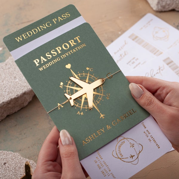 Sage Green Wedding Passport Invitation, Boarding Pass Invite, Sage Green and Gold Foil, Wedding Pass, Destination Wedding, Passport-Style