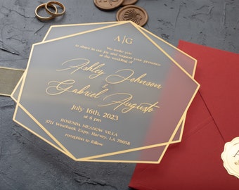 Acrylic Wedding Invitation, Red and Gold Foil Acrylic Invite, Red Wedding Invite, Gold Foil Printed Rose Red Wedding Invitation, Candy Red