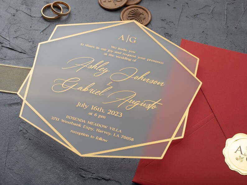 Acrylic Wedding Invitation Red and Gold Foil Acrylic Invite Etsy