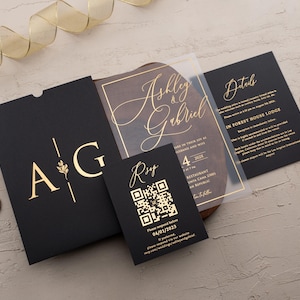Black Gold Acrylic Wedding Invitation | Luxury Clear Invite with Foil | RSVP QR Card and Details Optional | Elegant Formal Wedding Set