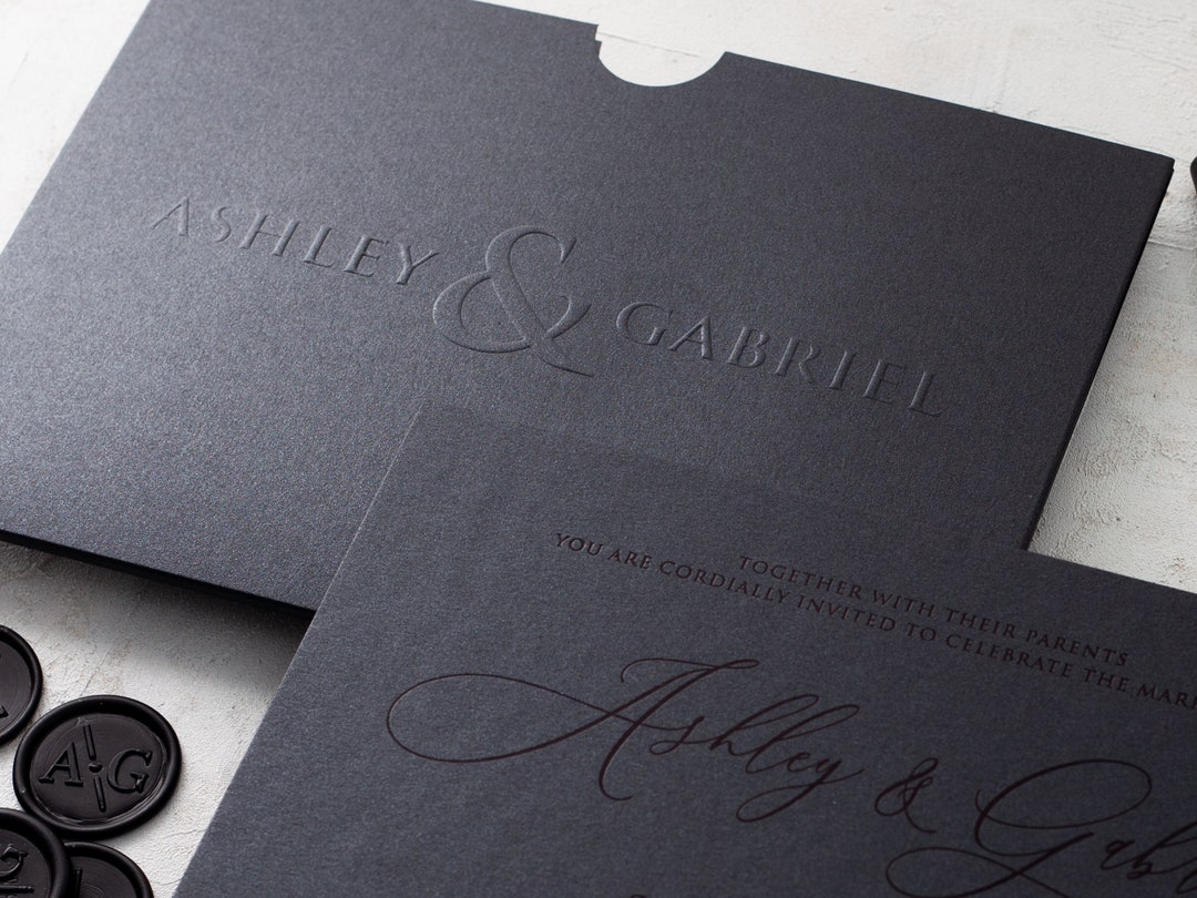 Black Wedding Invitation, Black Foil on Black Paper, Dark Wedding