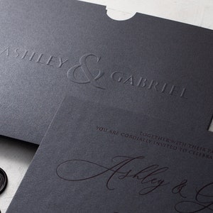 Black Wedding Invitation, Black Foil on Black Paper, Dark Wedding Invites, Premium Wedding Cards, Thick Embossed Wedding Invitations