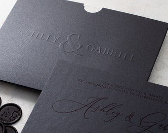 Black Wedding Invitation, Black Foil on Black Paper, Dark Wedding Invites, Premium Wedding Cards, Thick Embossed Wedding Invitations