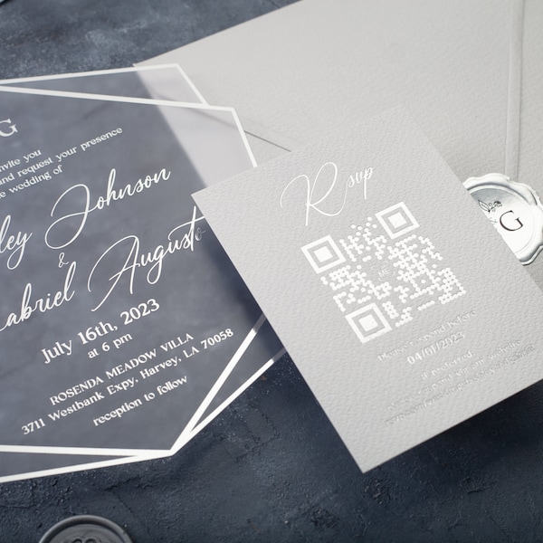 White Wedding Invitation, Acrylic Invitation with Silver Foil, Luxury Wedding Invite Set, Acrylic Invite with QR Code Printed Rsvp Card